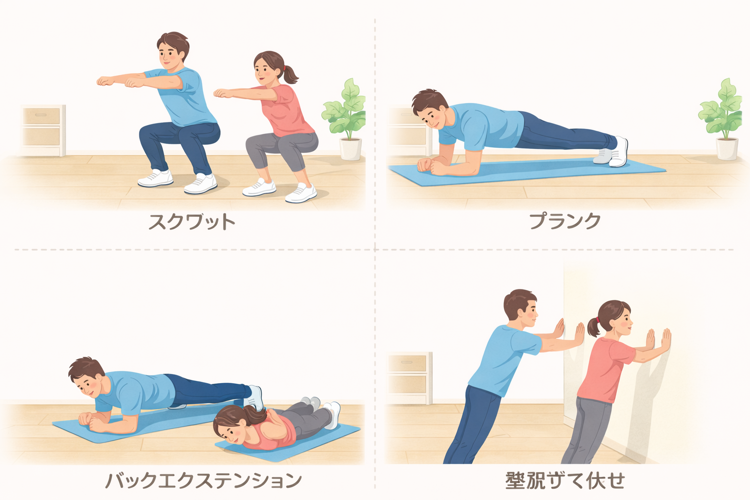 自宅でスクワットを行う40代の男女